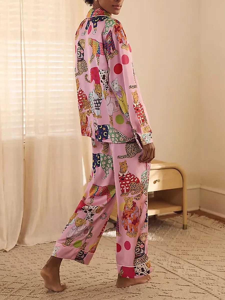 Women s Pajama Set Cheetah Print Lapel Neck Button Down Long Sleeve Tops Drawstring Pants Lounge Set for Spring Fall M240925
