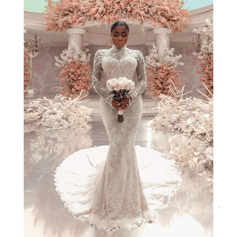 Chart Vintage Dress Mermaid High Neck Fulllace Long Sleeves Plus Size Wedding Dresses Bridal Gowns Button Back Sweep Train Lacefull Robe De Mariage Es