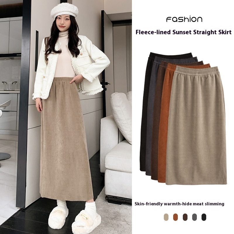 Miladega Velvet Half length for Women in Autumn and Winter, Thickened High Waist Show off Weight, Knitted Hip Wrap Skirt, Medium to Long, Rear Split L