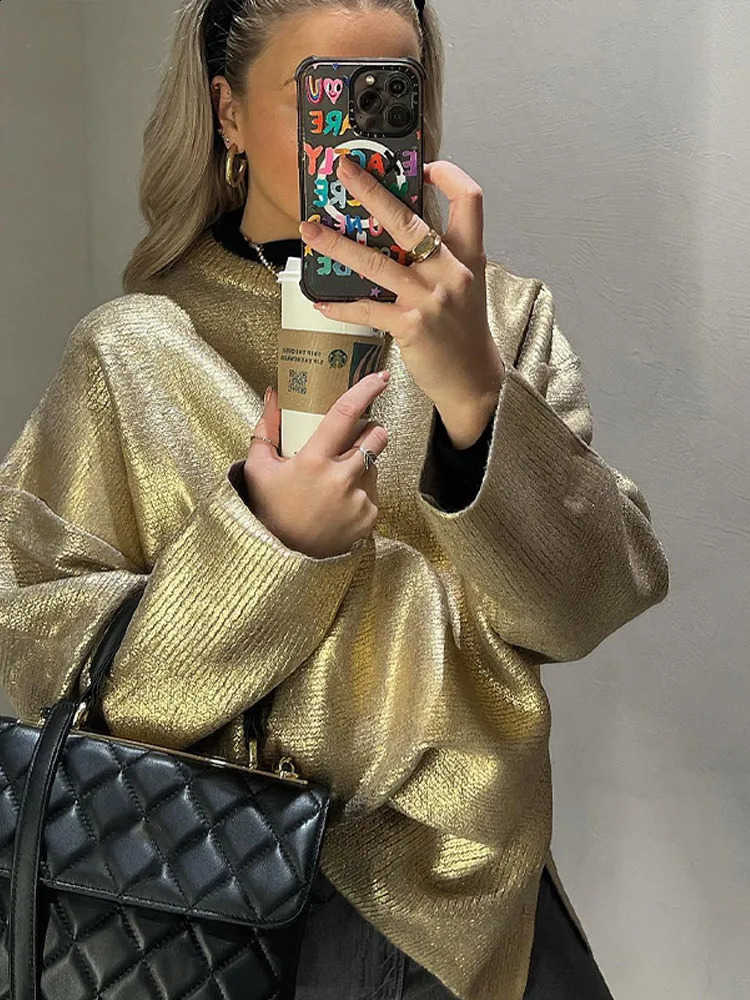 Knitted Solid Women Top Sweater Long Sleeve Split Female Pullover 2024 Autumn Fashion Loose O Neck Golden Female Shinny Sweaters 240925
