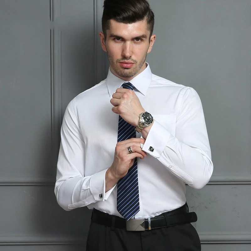 New Mens Solid French Cuff Dress Long Sleve Formal Business Button Mens Shirt Regular Suitable Cuff Button Shirt CL240926