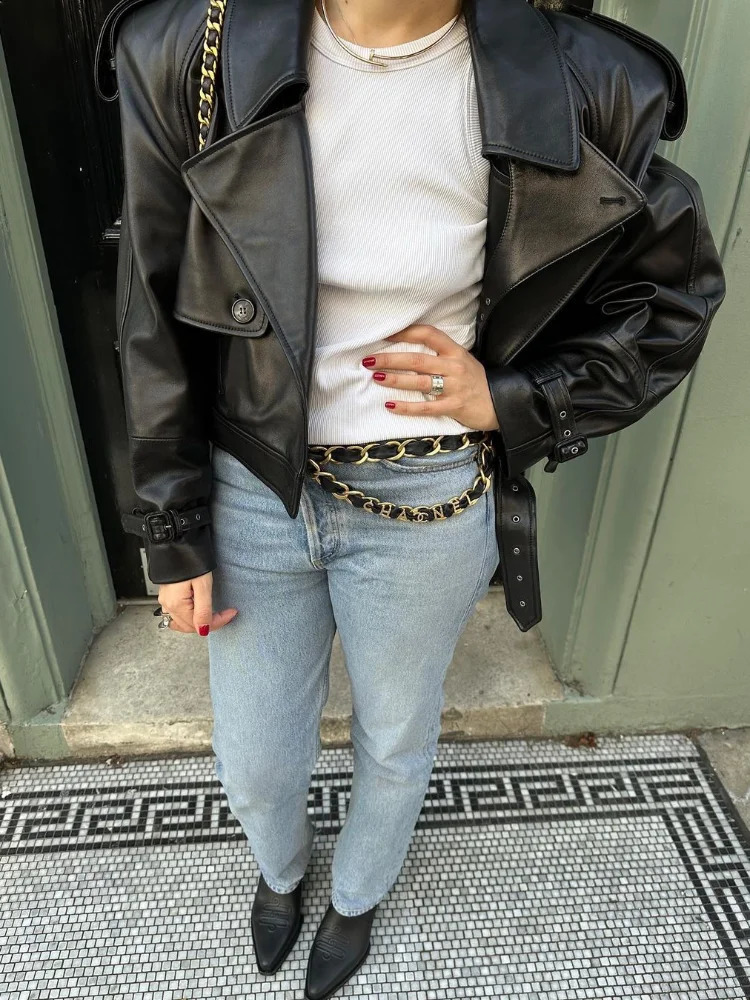 Casual Street Leather Jacket Women Solid Lapel Long Sleeved Belt Crop Female Coats Autumn Y2k Fashion Loose Pu Outwear Lady