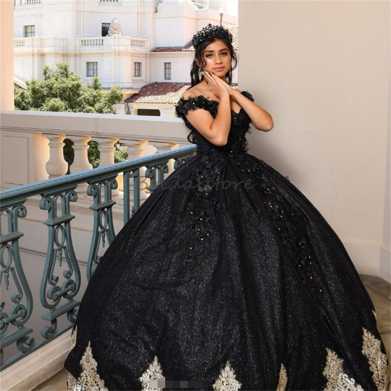 Sparkly Black Charro Quinceanera Dresses With 3D Florals Off Shoulders Glitter Appliques Lace Mexican Birthday Party Dress 2025 Halloween Gothic Debut