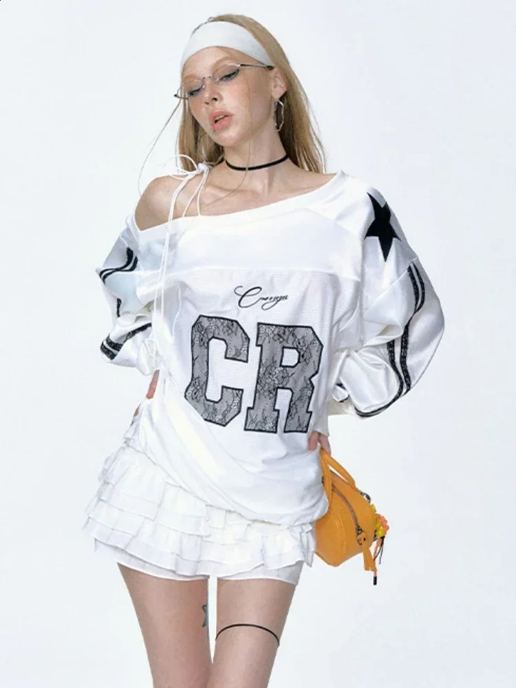DEEPTOWN Y2K oversized sportswear womens autumn streetwear retro letter printed sexy lace shoulder sports top Kpop 240926