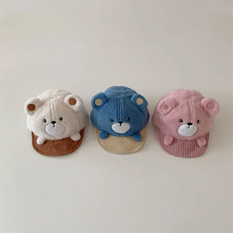 Cute Bear Plush Baby Baseball Hat Warm Cashmere for Winter Children Boy and Girl Cartoon Autumn Childrens Leather 240925