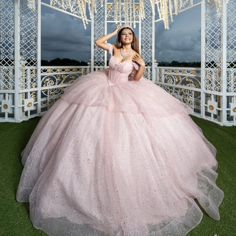 Pink Shiny Ball Gown Quinceanera Dresses Off The Shoulders Beads Crystal Bow Tull Sweet 16 Dress Corset Vestidos De 15 Anos