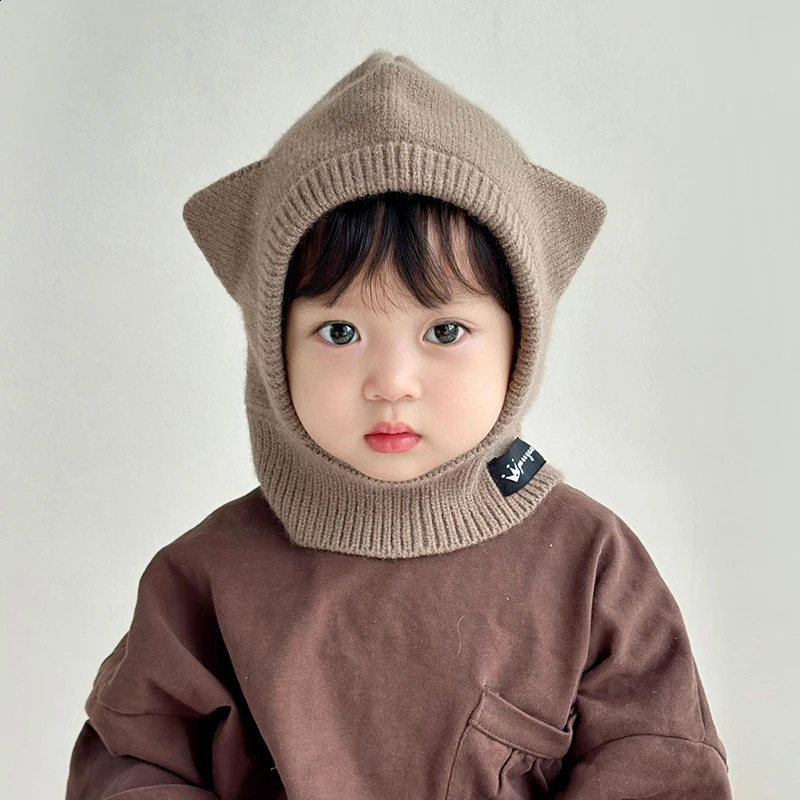 Cartoon Baby One Piece Hat Scarf Winter Warm Knitted Ear Protection Bean Cute Solid Color Childrens Balaclava 240925