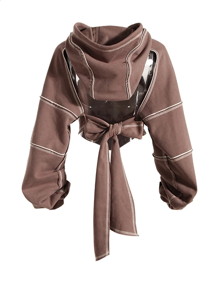 Brown Back Bow Irregular Cut Sportswear Hoodie Long Sleeve Womens Large Fashion Trend Spring/Summer 1DF1820 240926