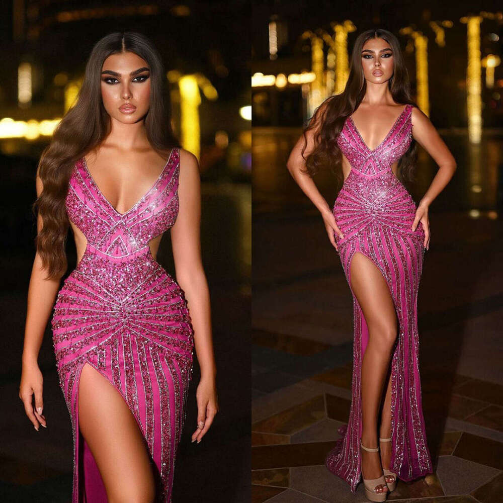 Bg Evening Mermaid V-Neck Sequins Beads Split Hollow out Sleeveless Prom Gown Party Dress Vestido De Noite Custom Made