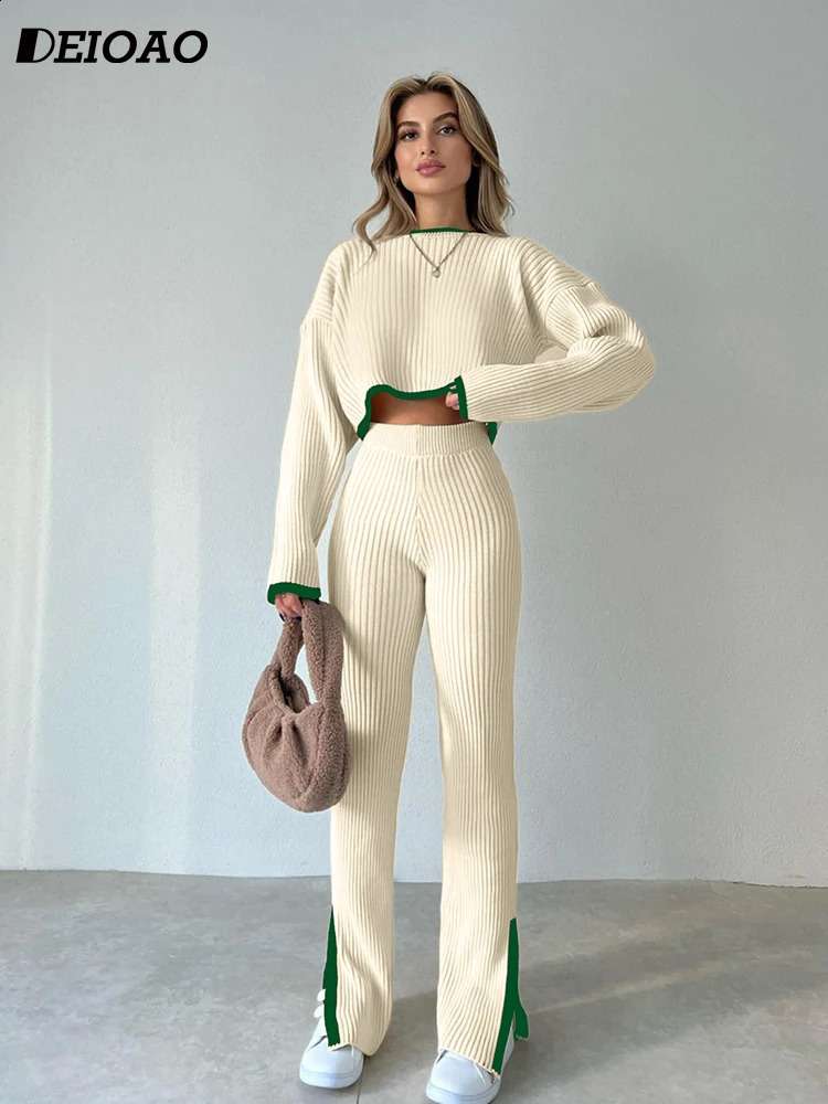 Deioao Knitted Sexy Women 2-Piece Autumn Umbilical Long Sleeve O-Neck Sweater Bodycon High Waist Split Pants Casual Body 240920