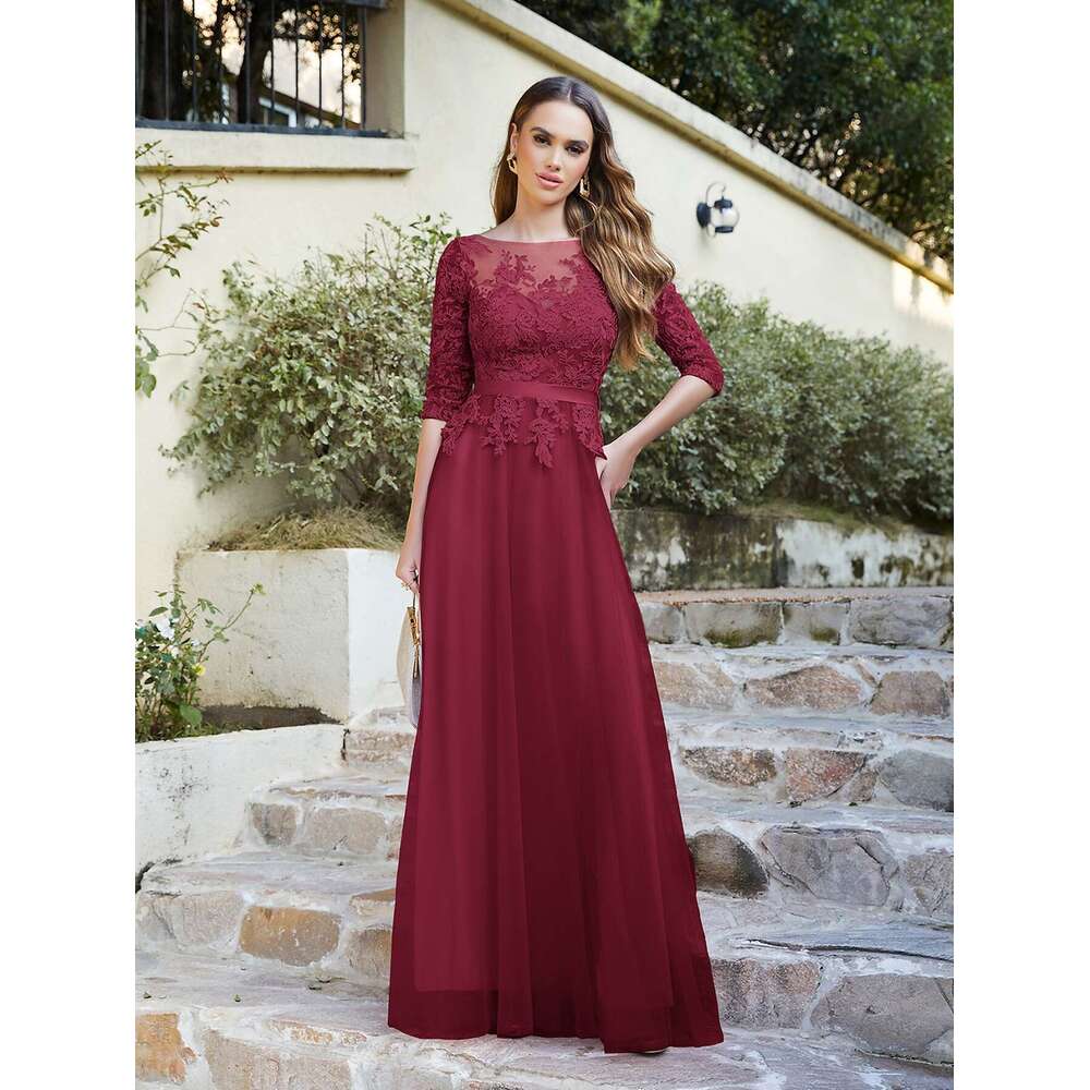 Elegant A e Tulle Long Bridesmaid Dresses For Women Half Sleeve Lace Applique Bury High Split Guest Party Gowns CPS470