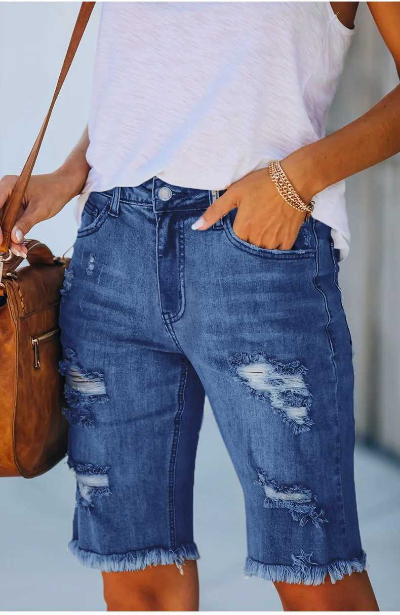 Ripped Jeans Summer Street Tassel High Elastic Skinny Pants Mid Waist Five Points Pants Women Slim Hole Ladies Casual ShortsX240923