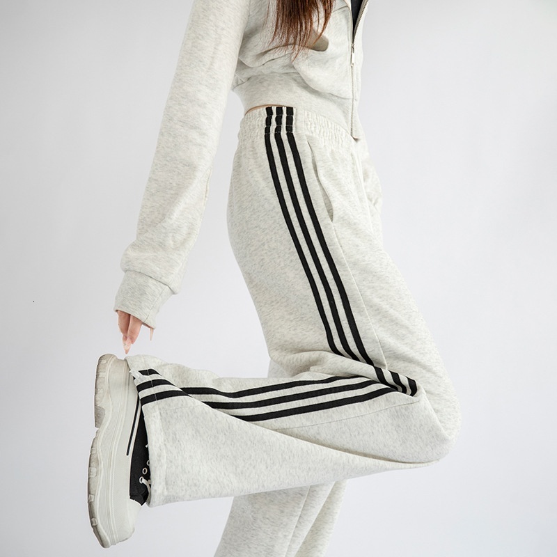 White sports for women in autumn and winter 2024, new high waisted loose side stripe casual straight sweatpants, American wide leg pants