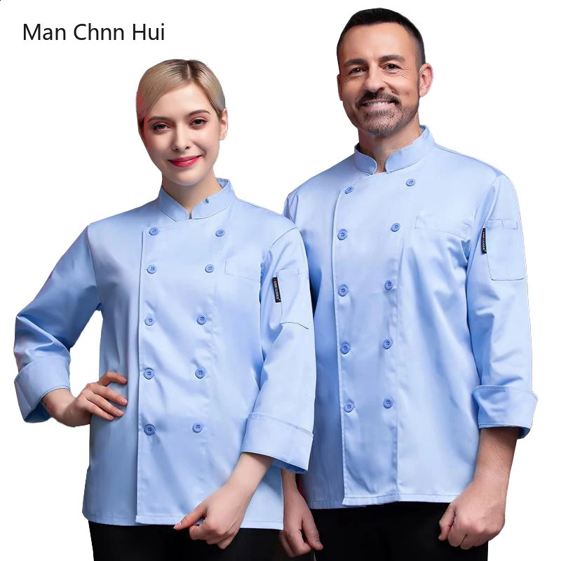Light Blue Chef Jacket Restaurant Kitchen Uniform Canteen Double breasted Chef Long sleeved Mens and Womens Waiting Work Clothes 240926