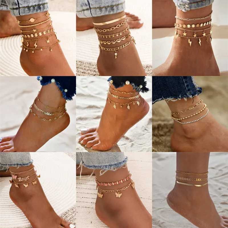 Women 3PCSModyle Punk Vintage for Bohemian Gold Color Girls Anklets Key Heart Butterfly Leg Ankle Anklet Bracelet Beach JewelryX2409