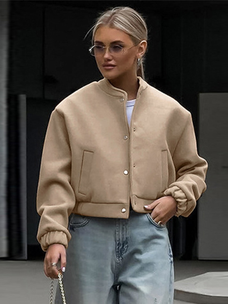 Casual Khaki Short Cropped Woolen Jackets Women Loose Button Pockets Tweed Jacket Female Autumn Chic Elegant Street Outwear