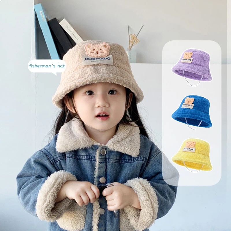 Cute Bear Childrens Basin Hat Winter Baby Plush Fishermans 210 Years Thick Cashmere Windproof Warm Bucket Pad 240925