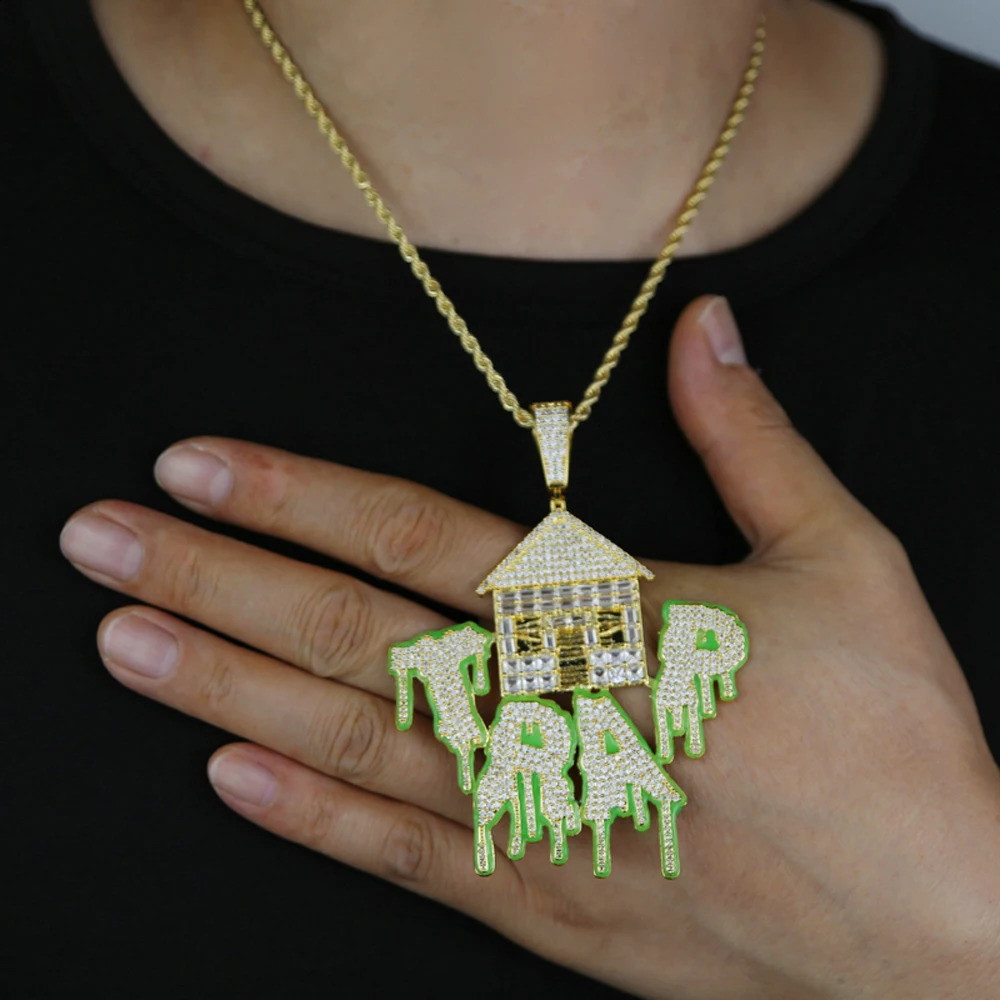 Iced Out Bling CZ Letter Trap Pendant Necklace Zircon House Green Fluorescenc Charm Men Hip Hop Jewelry 240918