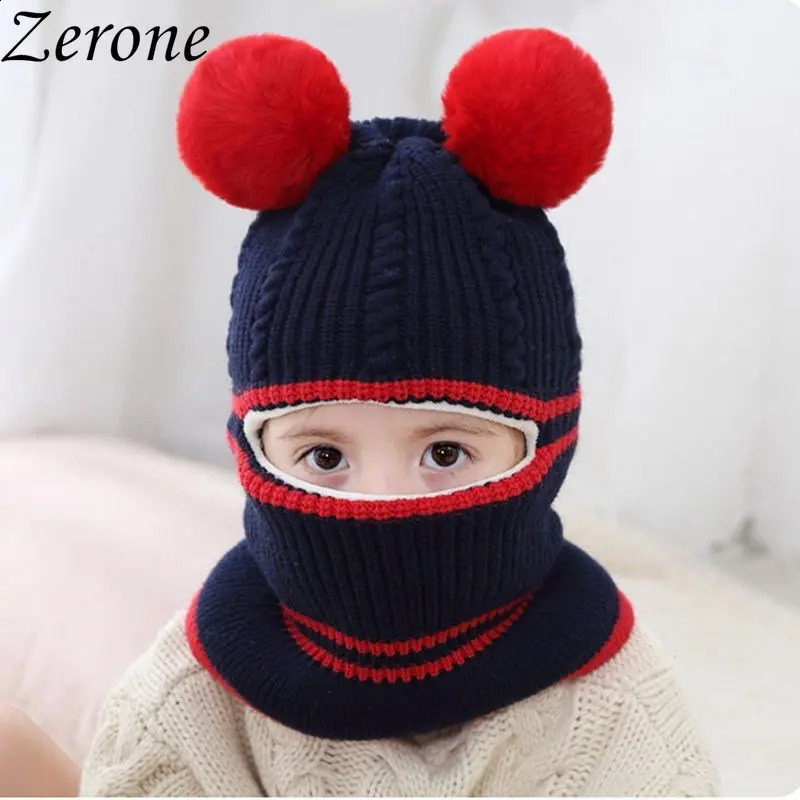 Winter Childrens Cute Plus Velvet Thick Wool Knitted Ball Hat for Girls Korean Version Warm Scarf Boys and Children Hedge 240925