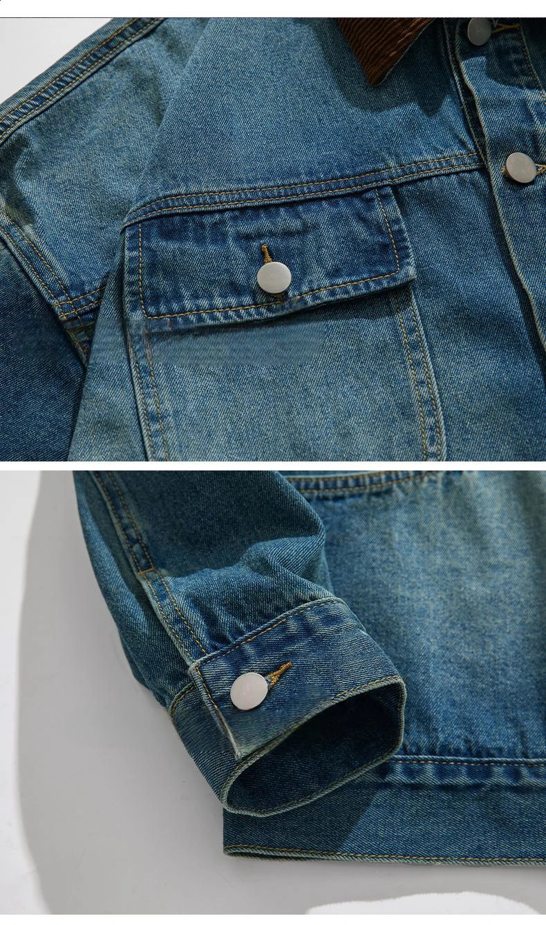 Retro washed old denim jacket mens autumn style Japanese loose patchwork n warm 240921