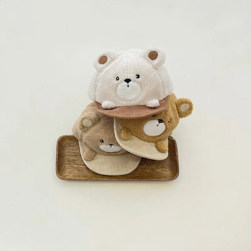 Cute Bear Plush Baby Baseball Hat Warm Cashmere for Winter Children Boy and Girl Cartoon Autumn Childrens Leather 240925