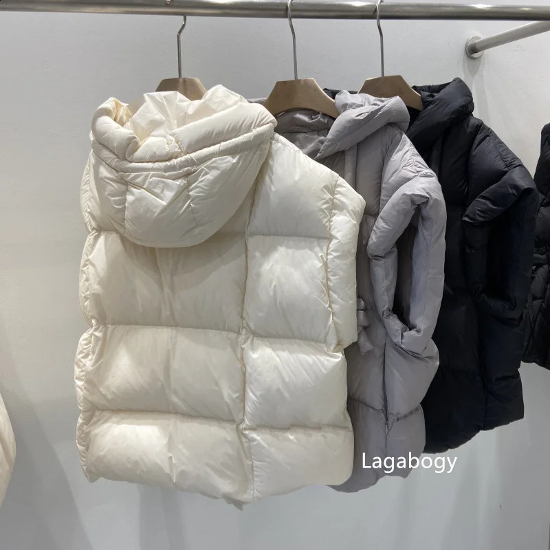 Lagabogy Winter Womens Chic Hooded Zipper Inflatable Coat 90% White Duck Down Vest Womens Casual Loose Sleeveless Warm Tank Top 240925