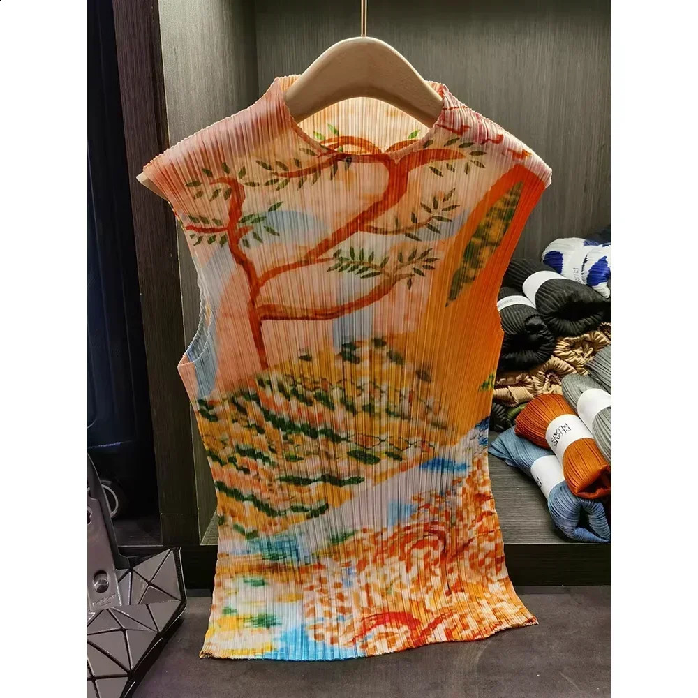 Pleats Original T-shirt Summer Pleated Flower Print Tops Casual Fashion Appear Thin Loose Retro Womens Clothing 240925