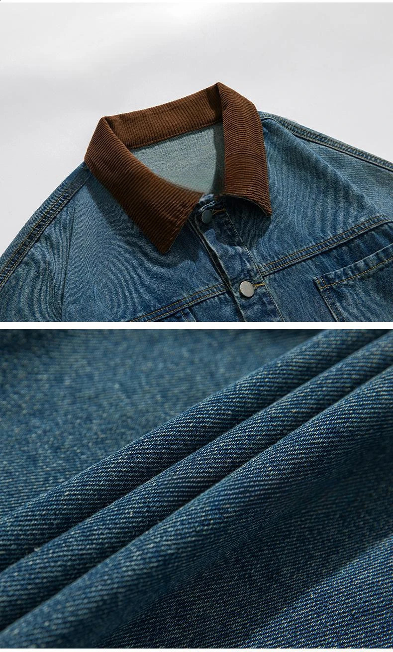 Retro washed old denim jacket mens autumn style Japanese loose patchwork n warm 240921