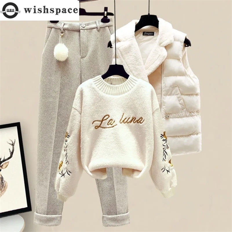 Thickened Cotton Jacket Vest Knitted Long Sleeved Sweater Pullover Woolen Pants Three Piece Elegant Womens Set y240925