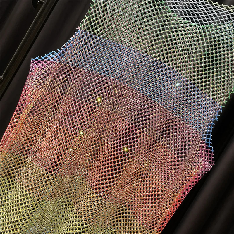 Women Men Neon Crystal Colorful Rhinestones Shiny Sexy Y2K RainbowTank Tops Party Club Sexy See Mesh Hollow Out 65cm long 240926