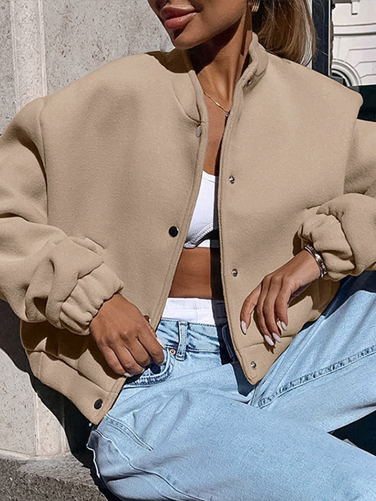 Casual Khaki Short Cropped Woolen Jackets Women Loose Button Pockets Tweed Jacket Female Autumn Chic Elegant Street Outwear