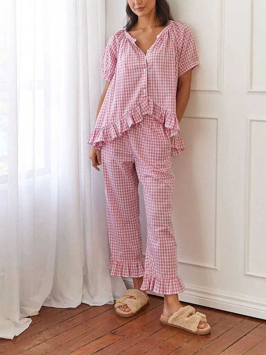 Womens 2 Piece Pajama Set Short Sleeve Plaid Print Button Up Shirt + Ruffle Pants Set Sleepwear Loungewear M240925