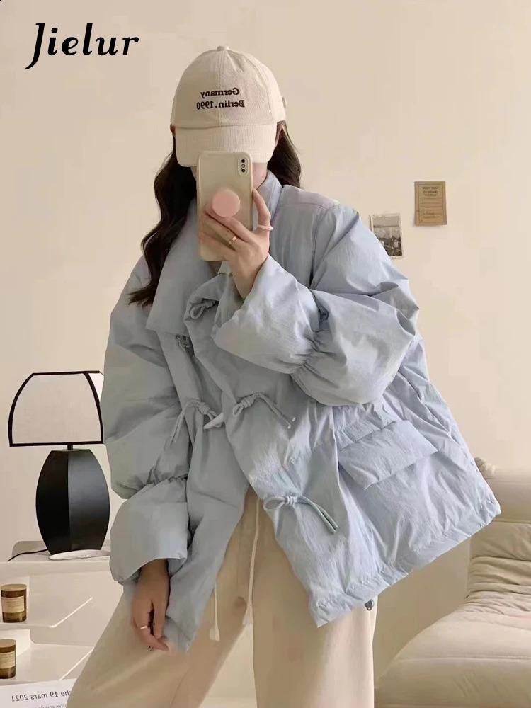 Jielur Light Blue Korean Sweet Fashion Classic Button Loose Female Parkas Basic Simple Casual Chic Pockets 5-colors Women Parkas 240919