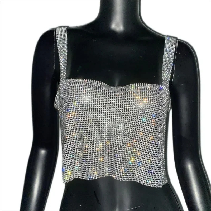 Bling Rhinestones Party Crop Top 2024Fashion Solid Backless Straps Full Diamonds Sequins Cami Cropped Top for Women 240926