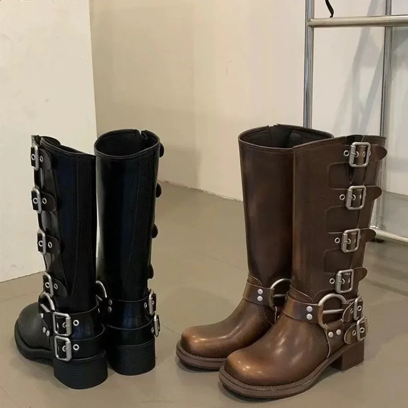 Latest Autumn/Winter Retro Summer Thin Western Cowboy Boots Middle Heel Boots Leather Knight Boots Zapatos Mujer 240926