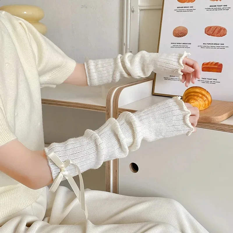 Vintage Womens Leg Warmer Autumn Winter Ribbon Lolita Black Knee Long Socks Y2K JK Sweet Knitted Girl White 240925