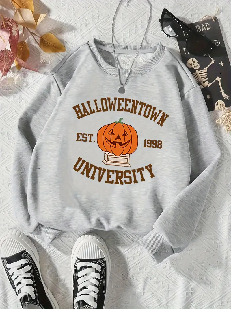 Women's Halloween Pumpkin Print Casual Crew Neck Sweatshirt, Long Sleeve, Plus Size