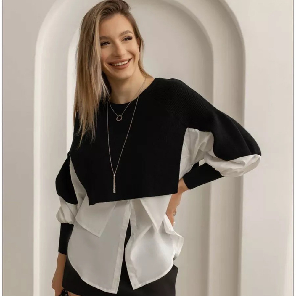 Autumn European Womens Sweater Splicing Shirt Two Piece Set Western Knitted Top 240926