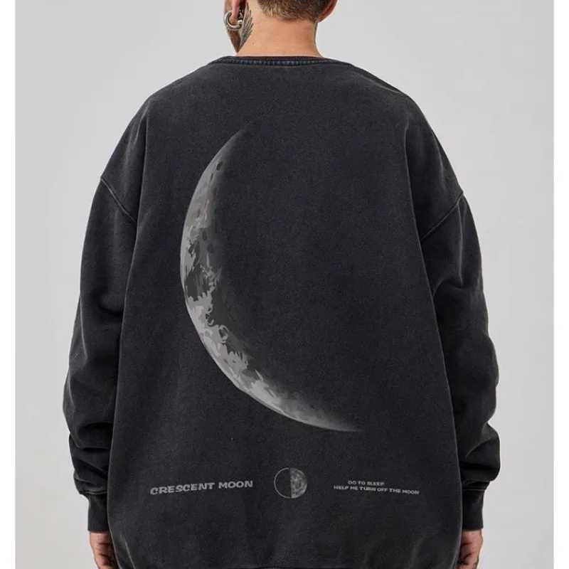 M-8XL Mens Street Sickle Moon Print Oversized Student Leisure Unisex Sweatshirt American Retro Youth Round Neck Sweater XJ250621