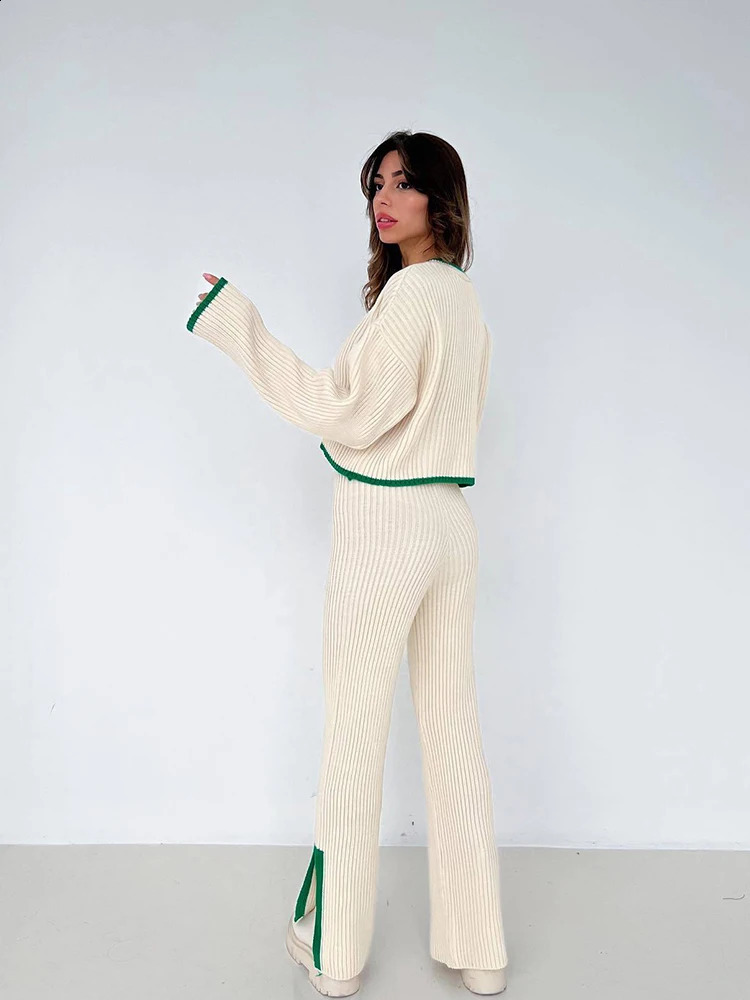 Deioao Knitted Sexy Women 2-Piece Autumn Umbilical Long Sleeve O-Neck Sweater Bodycon High Waist Split Pants Casual Body 240920