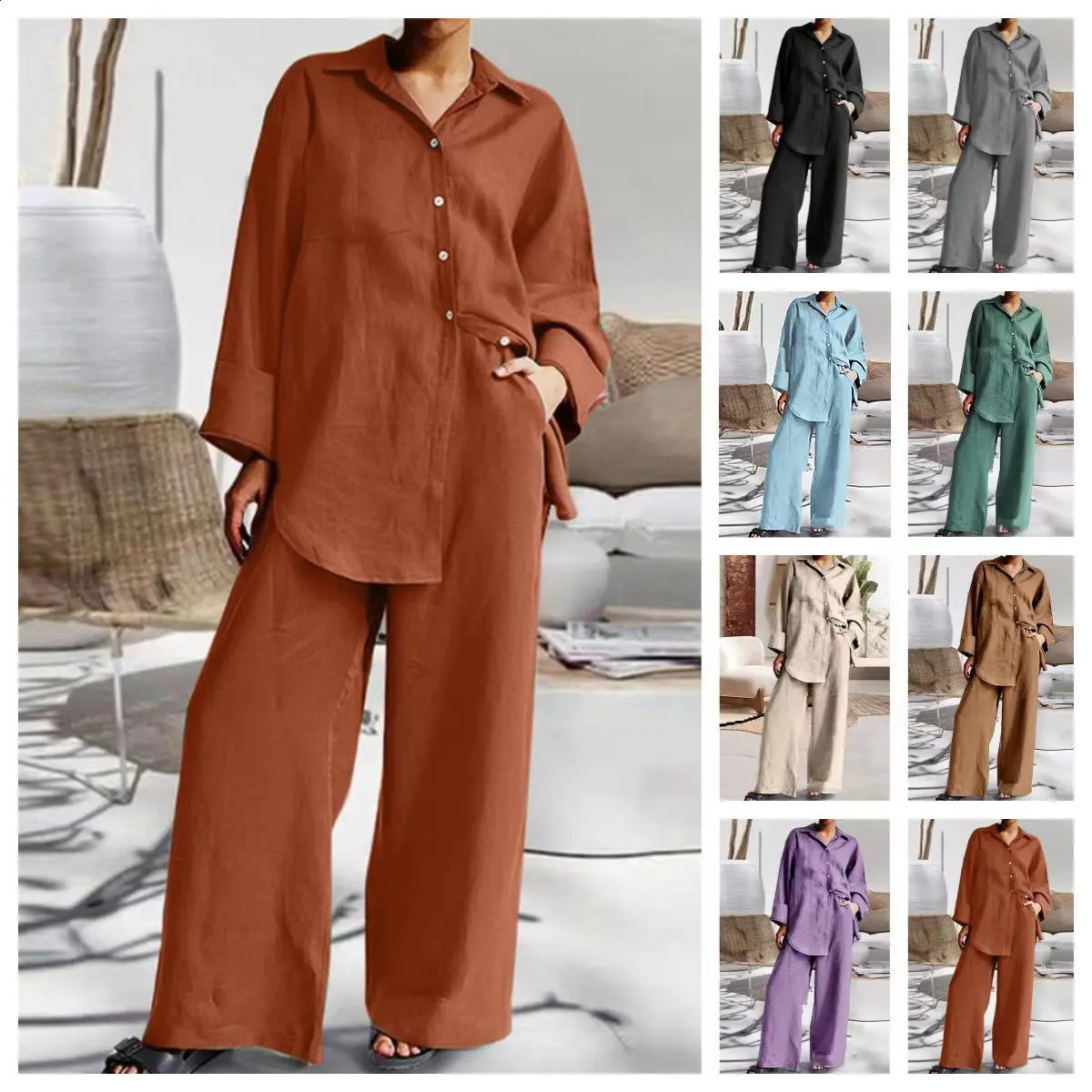Autumn Long Pant Sets Cotton Linen Women Casual Style Solid Color Loose Wide Legs Pants Two Piece Set Clothing Ladies 240926