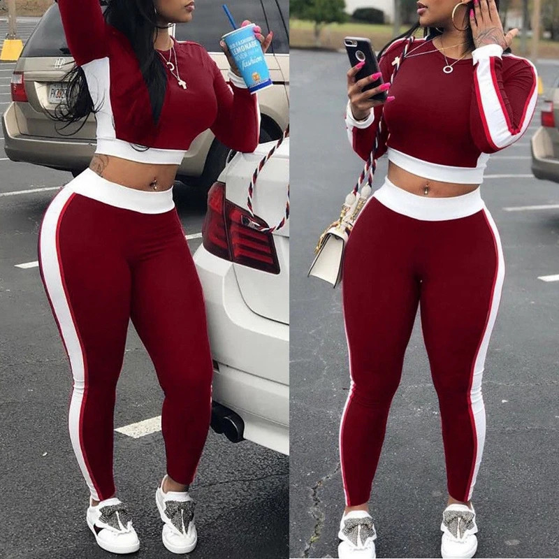 Autumn womens twopiece casual sportswear slim fit side striped long sleeved crop top ankle pants set SXL 240926