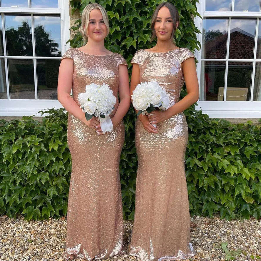 Sequined Dresses Gold Bridesmaid Low Cowl Back Sheath Mermaid Cap Sleeve Evening Prom Gowns Backless Wedding Guest Party Dress Cps344 less
