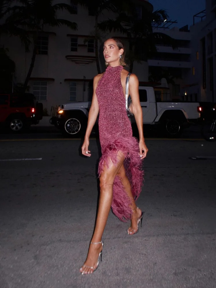 Asymmetric Feather Hem Evening Dress Women Sexy Halter Off Shoulder Sleeveless Backless Robes Lady Party Dresses 240921