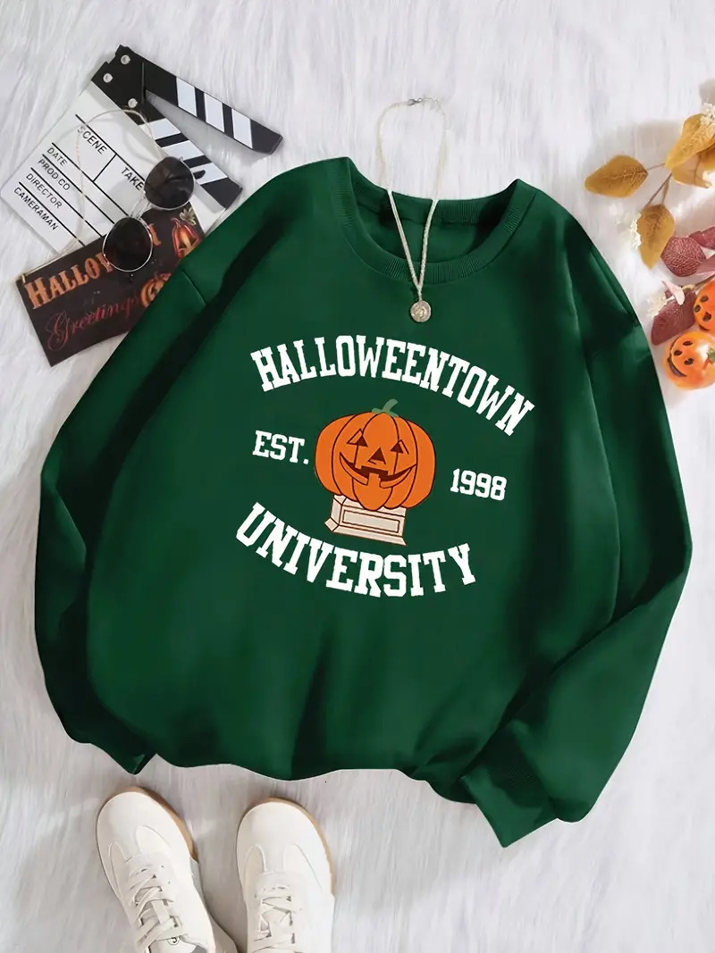 Women's Halloween Pumpkin Print Casual Crew Neck Sweatshirt, Long Sleeve, Plus Size