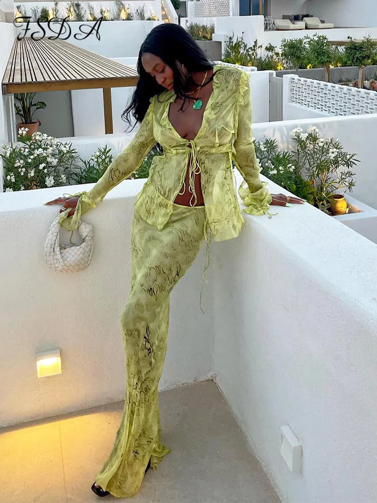 FSDA Print Y2K Mesh Long Sleeve Top Shirts Green And Maxi Skirt Bodycon Sexy Two Piece Sets Beach Outfit Club 240926