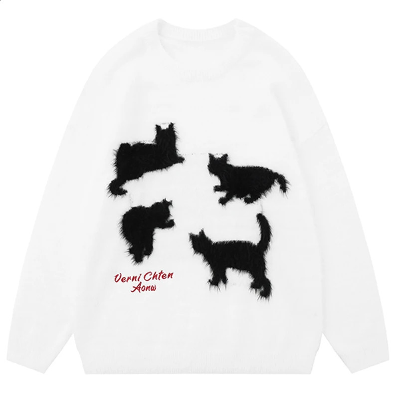 Mohair cartoon cat knitted sweater winter Y2K retro floral soft wool mens jumper ultra-fine womens street sweater 240924