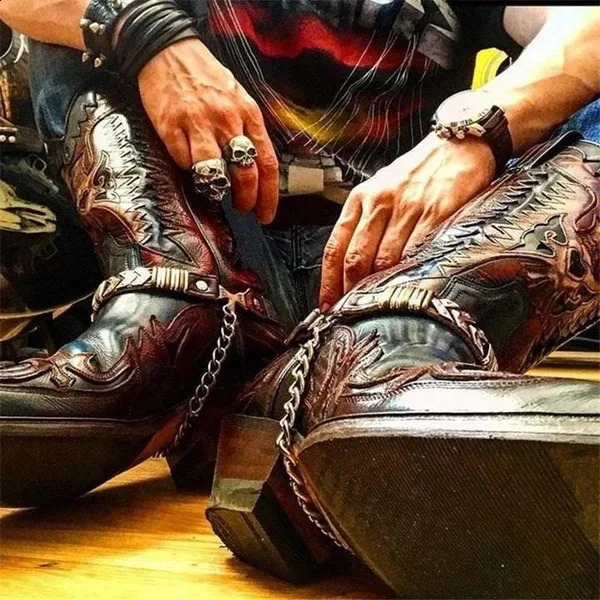 Chunky Heel Western Cowboy Men Boots Color Block Buckle Biker Botines Embroidered Chain Large Pointed Toe Mid-Calf Botas 240921