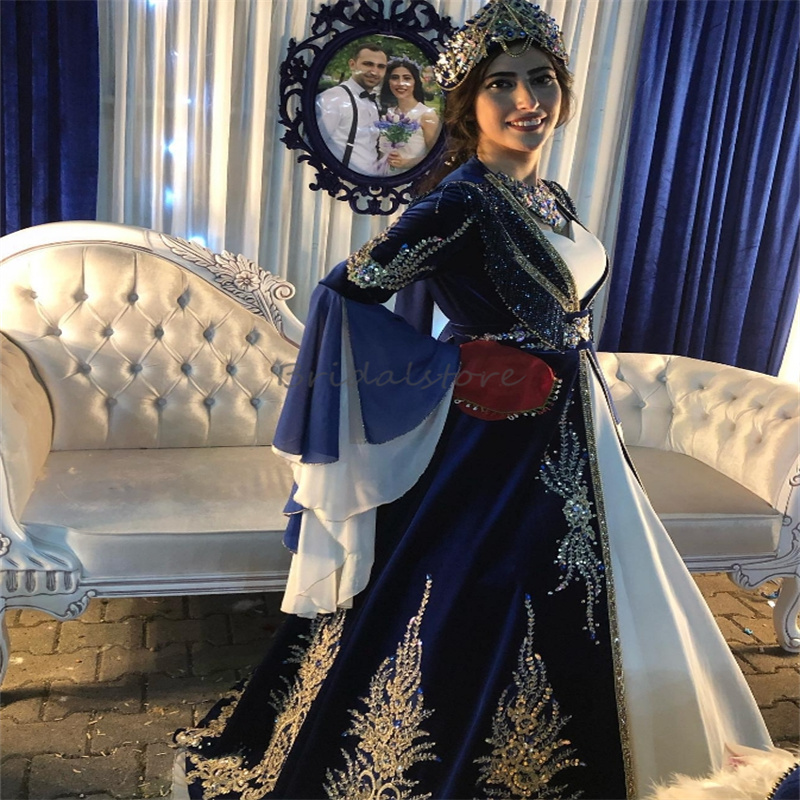 Luxury Navy Blue Turkish Wedding Dresses Sparkly Beaded Long Sleeve Moroccan Fantasy Aesthetic Bridal Gowns Pakistani Bride Dress Arabic Vestido De Ca