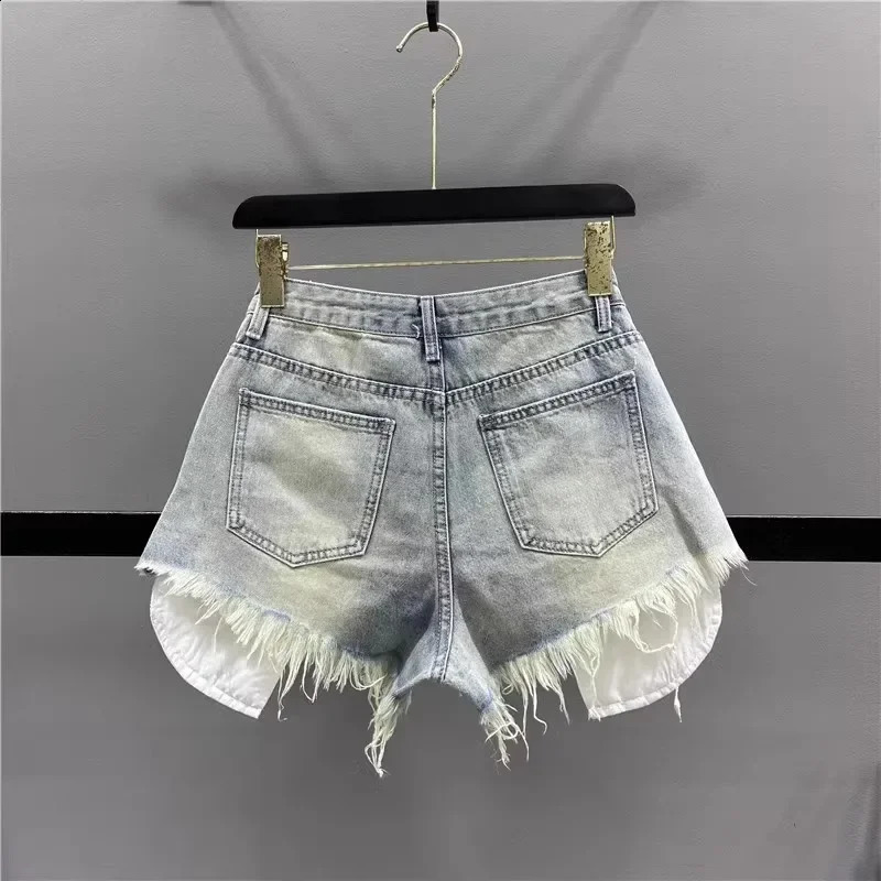Korean retro blue sexy ripped jeans womens splicing work Aline high waisted denim ultra short 240926